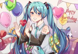 Rule 34 | 1girl, absurdly long hair, anniversary, aqua eyes, aqua hair, aqua necktie, artist name, artist request, balloon, bare shoulders, black sleeves, blue eyes, blue hair, blue necktie, box, breasts, collarbone, collared shirt, detached sleeves, female focus, frilled shirt collar, frills, gift, gift box, hair between eyes, hair ornament, hatsune miku, heart, highres, long hair, looking at viewer, nail polish, necktie, number tattoo, parted lips, pleated skirt, shirt, shoulder tattoo, skirt, sleeveless, sleeveless shirt, sleeves past wrists, small breasts, smile, solo, sparkle, tattoo, teeth, thighhighs, tie clip, twintails, upper body, very long hair, vocaloid, white shirt, wide sleeves, wing collar, xiazhenng, zettai ryouiki