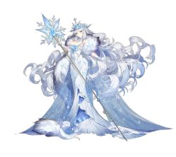 Rule 34 | 1girl, ark order, blue cape, blue eyes, breasts, cape, cleavage, coat, diadem, dress, frozen, fur coat, gloves, hat, hatoyama itsuru, highres, holding, holding staff, ice, large breasts, long dress, long hair, looking at viewer, official art, sleeveless, sleeveless dress, snow, snowflake print, snowflakes, solo, staff, tachi-e, the snow queen, the snow queen (ark order), transparent background, very long hair, white dress, white gloves, white hair, white hat