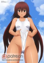 Rule 34 | 1girl, blush, breasts, brown eyes, brown hair, cameltoe, coud, dark skin, dark-skinned female, covered erect nipples, female focus, from below, frontal wedgie, gluteal fold, long hair, looking at viewer, master nemesis, one-piece swimsuit, open mouth, outdoors, partially visible vulva, patreon, school swimsuit, sky, small breasts, smile, solo, standing, stitched, swimsuit, third-party edit, to love-ru, to love-ru darkness, wedgie, white school swimsuit, white one-piece swimsuit, zel-sama