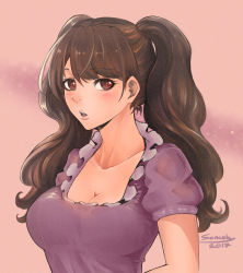 Rule 34 | 1girl, breasts, brown hair, charlotte pudding, hidden eyes, highres, large breasts, lipstick, long hair, looking at viewer, makeup, one piece, pink background, senasky, short sleeves, simple background, solo, wavy hair