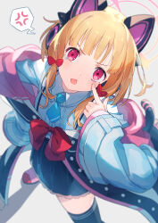 Rule 34 | 1girl, :p, akanbe, anger vein, animal ear headphones, animal ears, black skirt, black thighhighs, blonde hair, blue archive, blue necktie, blunt bangs, bow, cat ear headphones, collared shirt, eyelid pull, fake animal ears, from above, hair bow, halo, headphones, highres, jacket, looking at viewer, looking up, low twintails, medium hair, momoi (blue archive), necktie, nitanda cona, open clothes, open jacket, pleated skirt, red eyes, shadow, shirt, shoes, sidelocks, skirt, spoken anger vein, tears, thighhighs, tongue, tongue out, twintails, white jacket