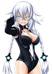 Rule 34 | 1girl, absurdres, alternate hairstyle, aqua eyes, bad id, bad pixiv id, bare shoulders, black heart (neptunia), blush, braid, breasts, cleavage, cleavage cutout, clothing cutout, cundodeviant, elbow gloves, gloves, hair ornament, halterneck, highres, large breasts, leotard, long hair, neptune (series), noire (neptunia), open mouth, power symbol, power symbol-shaped pupils, solo, standing, symbol-shaped pupils, turtleneck, twin braids, twintails, very long hair, white hair