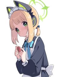 Rule 34 | 1girl, animal ear headphones, animal ears, apron, black dress, blonde hair, blue archive, dress, fake animal ears, green eyes, green halo, halo, headphones, highres, long sleeves, maid, maid apron, maid headdress, midori (blue archive), midori (maid) (blue archive), official alternate costume, oozumi 03, short hair, simple background, solo, white apron, white background