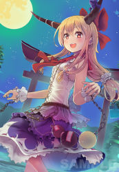 Rule 34 | 1girl, bare arms, belt, blonde hair, bow, brown eyes, chain, cover, culter, full moon, gourd, hair bow, ibuki suika, long hair, low-tied long hair, miniskirt, moon, night, night sky, open mouth, outdoors, purple skirt, red bow, sample watermark, shirt, skirt, sky, sleeveless, sleeveless shirt, smile, solo, star (sky), starry sky, torii, touhou, watermark, white shirt, wrist cuffs