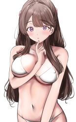 1girl absurdres blush bra breasts breasts_apart brown_hair collarbone commentary_request fujishima_megumi furrowed_brow hand_up highres large_breasts link!_like!_love_live! long_hair looking_at_viewer love_live! navel panties parted_lips purple_eyes solo stomach sunya_(honorin-yuunibo) swept_bangs underwear upper_body virtual_youtuber white_background white_bra white_panties