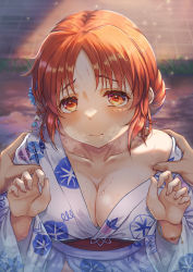 Rule 34 | 1boy, 1girl, abe nana, blush, breasts, cleavage, collarbone, hands on another&#039;s shoulders, hands up, hetero, highres, idolmaster, idolmaster cinderella girls, japanese clothes, kimono, large breasts, light particles, looking at viewer, orange hair, parted bangs, pov, pov hands, print kimono, single bare shoulder, steam, sweat, sweatdrop, wari sando, yukata
