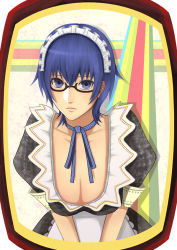 Rule 34 | 1girl, androgynous, atlus, blue eyes, blue hair, breasts, choker, cleavage, glasses, large breasts, maid, matching hair/eyes, persona, persona 4, sakimori (hououbds), shirogane naoto, short hair, solo