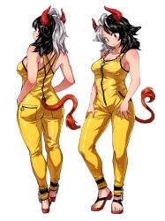 Rule 34 | 1girl, adapted costume, alternate costume, bare arms, bare shoulders, barefoot sandals (jewelry), black hair, blush, breasts, cow girl, cow horns, cow tail, curvy, grey hair, horns, medium breasts, multicolored hair, multiple views, overalls, red eyes, red footwear, shimizu pem, simple background, solo, split-color hair, standing, tail, touhou, two-tone hair, ushizaki urumi, white background, yellow overalls