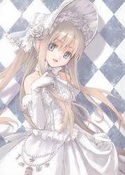 Rule 34 | 1girl, absurdres, bare shoulders, blonde hair, blue eyes, bonnet, checkered background, cowboy shot, detached sleeves, dress, elbow gloves, flower, frills, gloves, head tilt, highres, hime lolita, jewelry, konoe ototsugu, lace, lolita fashion, looking at viewer, necklace, pearl necklace, rose, smile, solo, sweet lolita, white dress, white flower, white gloves, white rose