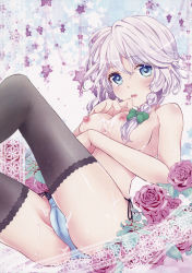 Rule 34 | 1girl, :o, ass, black thighhighs, blue eyes, blush, bow, braid, breasts, cum, cum on body, cum on breasts, cum on lower body, cum on upper body, flower, highres, izayoi sakuya, large breasts, legs up, looking at viewer, mike (mikenekotei), nipples, no bra, no headwear, nude, open mouth, panties, parted lips, pink flower, pink rose, plant, rose, short hair, side-tie panties, silver hair, solo, thighhighs, touhou, twin braids, underwear