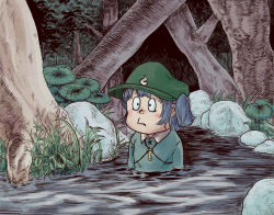 Rule 34 | 1girl, black hair, blue eyes, chanta (ayatakaoisii), forest, hat, kawashiro nitori, key, leaf, long sleeves, nature, parody, partially submerged, plant, river, rock, shirt, short hair, solo, stream, style parody, touhou, tree, branch, twintails, two side up, upper body, water