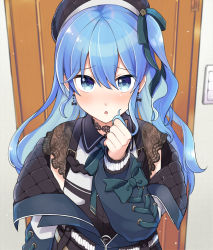 Rule 34 | 1girl, asymmetrical hair, beret, black choker, black shirt, blouse, blue eyes, blue hair, blue hat, blue jacket, blush, breasts, choker, commentary, commission, door, doorway, earrings, green ribbon, hair between eyes, hair ribbon, hat, holding, holding own hair, hololive, hoshimachi suisei, hoshimachi suisei (streetwear), jacket, jewelry, lace-trimmed sleeves, lace trim, light blue hair, long hair, long sleeves, looking at viewer, neck ribbon, off shoulder, open clothes, open jacket, open mouth, partially unzipped, pov, ribbon, see-through, see-through sleeves, shinomiya shino (sinosino141), shirt, side ponytail, skeb commission, small breasts, solo, star (symbol), star in eye, symbol in eye, tareme, triangle mouth, upper body, virtual youtuber