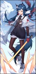 Rule 34 | 1girl, animal ears, arknights, black border, black pantyhose, black shirt, blue hair, border, brown eyes, closed mouth, commentary request, eyelashes, full body, gloves, hidor, highres, holding, holding sword, holding weapon, hood, hooded jacket, id card, jacket, pantyhose under shorts, long hair, looking at viewer, multicolored hair, official alternate costume, open clothes, open jacket, pantyhose, red gloves, red hair, shirt, shoes, short shorts, shorts, sneakers, solo, sword, tail, texas (arknights), texas (winter messenger) (arknights), turtleneck, two-tone hair, weapon, white footwear, white jacket, white shorts, wolf ears, wolf tail