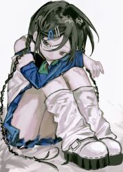 Rule 34 | 1girl, arm on knee, bare shoulders, belt buckle, black hair, blue skirt, blue sleeves, bow, bowtie, braid, buckle, chinese commentary, closed mouth, clothing cutout, commentary request, full body, green bow, green bowtie, grey eyes, guigui rongrong, hair ornament, hairclip, highres, knees up, layered sleeves, long hair, long sleeves, miniskirt, on bed, original, pale skin, pleated skirt, ribbon-trimmed footwear, shirt, shoes, short over long sleeves, short sleeves, shoulder cutout, skirt, solo, twin braids, watermark, weibo logo, weibo watermark, white background, white footwear, white leg warmers, white shirt, white sleeves