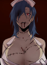 Rule 34 | + +, 1girl, bad id, bad pixiv id, blood, blood from mouth, blue hair, breasts, cleavage, ganno, hair down, hair over one eye, hat, highres, large breasts, long hair, looking at viewer, nurse, nurse cap, red background, red eyes, scar, skullgirls, solo, stitches, upper body, valentine (skullgirls)