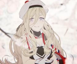 Rule 34 | 1girl, beret, blonde hair, blue eyes, commentary request, dress, gloves, hair between eyes, hat, kantai collection, kouga (mutsumi), long hair, looking at viewer, mole, mole under eye, mole under mouth, multicolored clothes, multicolored dress, multicolored gloves, multicolored legwear, multicolored scarf, pom pom (clothes), richelieu (kancolle), scarf, smile, solo, strapless, strapless dress, upper body