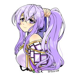 Rule 34 | 1girl, alternate hairstyle, bare shoulders, blush, breasts, circlet, commentary request, dress, fire emblem, fire emblem: genealogy of the holy war, holding, holding own hair, julia (fire emblem), large breasts, long hair, medium breasts, nintendo, ponytail, purple eyes, purple hair, simple background, smile, solo, yukia (firstaid0)