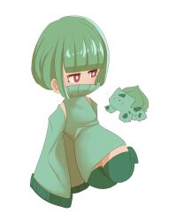 Rule 34 | 1girl, absurdres, blunt bangs, bob cut, bright pupils, bulbasaur, chibi, claws, creature and personification, creatures (company), detached sleeves, dress, eyelashes, game freak, gen 1 pokemon, green dress, green hair, green thighhighs, highres, liauditore, long sleeves, mixed-language commentary, nintendo, pokemon, red eyes, short hair, sleeves past fingers, sleeves past wrists, thighhighs, transparent background, turtleneck, turtleneck dress, white pupils