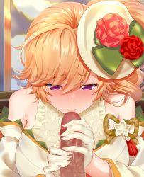 Rule 34 | 1boy, 1girl, azur lane, bare shoulders, blush, breasts, censored, center frills, drill hair, earrings, flower, frills, gloves, hajika, half gloves, hat, hat flower, highres, japanese clothes, jewelry, kimono, large breasts, licking, licking penis, long hair, looking at viewer, mini hat, mosaic censoring, off-shoulder kimono, official alternate costume, orange hair, penis, purple eyes, richelieu (azur lane), richelieu (evergreen prophecy) (azur lane), side drill, single drill, tilted headwear, white gloves, white kimono