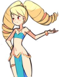 Rule 34 | 1girl, angry, armlet, blonde hair, blue shirt, blush, bracelet, breasts, capcom, collarbone, dancer, drantyno, drill hair, earrings, harem outfit, jewelry, long hair, luna platz (mega man), mega man (series), mega man star force, navel, necklace, pelvic curtain, red eyes, shirt, small breasts, sparkle, standing, strapless, thighlet, tube top, twin drills, white background