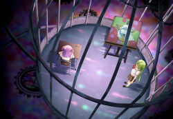 Rule 34 | 2girls, alina gray, bad id, bad twitter id, brown skirt, cage, chair, desk, from above, full body, green hair, highres, in cage, magia record: mahou shoujo madoka magica gaiden, mahou shoujo madoka magica, misono karin, multiple girls, old dorothy, on chair, painting (object), sakae general school uniform, school chair, school desk, school uniform, shirt, sitting, skirt, standing, suzugahama, white shirt
