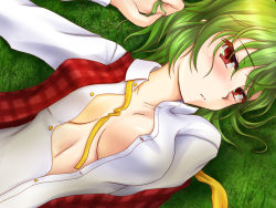 Rule 34 | 1girl, blush, breasts, breasts apart, female focus, grass, green hair, happa16, kazami yuuka, large breasts, lying, on back, open clothes, open shirt, plaid, plaid vest, red eyes, ribbon, shirt, short hair, solo, touhou, untied, vest