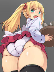 Rule 34 | 1girl, ass, black thighhighs, blonde hair, cup, drinking glass, fang, from behind, from below, gluteal fold, green eyes, highres, holding, kawacchi hirohiro, long hair, looking back, looking down, miniskirt, open mouth, original, panties, red skirt, scrunchie, shirt, side ponytail, skirt, smile, solo, thick thighs, thighhighs, thighs, tray, underwear, white panties, white shirt