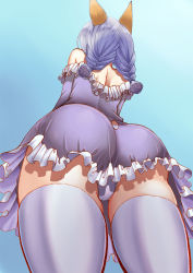 Rule 34 | 1girl, animal ears, ass, bare shoulders, blue dress, blue hair, braid, dog ears, dress, elin, from behind, from below, kumehara chiyota, long hair, no tail, panties, pantyshot, short dress, solo, standing, tera online, thighhighs, thighs, twin braids, twintails, underwear, upskirt, white panties, white thighhighs, wide hips