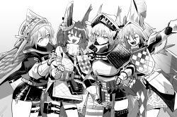 Rule 34 | 4girls, :d, :o, ;d, animal ears, arknights, arm up, armor, ashlock (arknights), bird girl, clenched hand, closed eyes, fartooth (arknights), feather hair, flametail (arknights), gauntlets, greyscale, hair between eyes, hand on own hip, hand up, horse ears, horse girl, iwashi 80, long hair, looking at another, monochrome, multiple girls, one eye closed, open mouth, pleated skirt, shirt, shorts, shoulder armor, simple background, skirt, smile, squirrel ears, squirrel girl, squirrel tail, tail, teeth, upper teeth only, visor (armor), white background, wild mane (arknights)