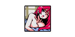 Rule 34 | 1girl, akairiot, bare shoulders, bed sheet, blue eyes, blush, border, breasts, highres, long hair, medium breasts, nude, one eye closed, open mouth, original, red hair, solo, upper body, white border, window