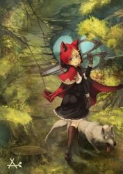 Rule 34 | 1girl, akai kitsune, animal, animal hood, ass, bad id, bad pixiv id, blonde hair, blue eyes, boots, cape, dress, forest, gloves, grass, highres, holding, hood, knee boots, little red riding hood, little red riding hood (grimm), looking at viewer, nature, original, scissors, short hair, smile, tree, weapon, wolf