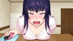 Rule 34 | 1girl, blue hair, blush, breasts, bubuzuke, cleavage, collarbone, computer, desk, door, female focus, game cg, hechima ni koi suru joshikousei -jk&times;jk-, indoors, large breasts, leaning, leaning forward, long hair, looking at viewer, mouse (computer), mousepad, open mouth, red eyes, shiina alice, shirt, short sleeves, sitting, solo, source request, teeth, white shirt