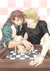 Rule 34 | 10s, 2boys, barnaby brooks jr., blonde hair, board game, brown eyes, brown hair, chess, chess piece, chessboard, facial hair, glasses, green eyes, jewelry, kaburagi t. kotetsu, multiple boys, necklace, nyan co3, playing games, shirt, stubble, t-shirt, tiger &amp; bunny, vest, waistcoat