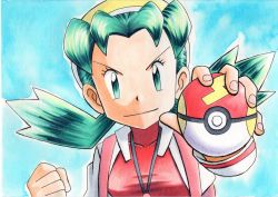 Rule 34 | 1girl, blue background, clenched hand, closed mouth, commentary request, covered collarbone, creatures (company), eyelashes, fast ball, fingernails, game freak, green eyes, green hair, hands up, hat, highres, holding, holding poke ball, jacket, jewelry, kris (pokemon), long hair, long sleeves, looking at viewer, necklace, nintendo, oka mochi, open clothes, open jacket, poke ball, pokemon, pokemon gsc, red shirt, shirt, smile, solo, traditional media, twintails, v-shaped eyebrows, white jacket, yellow hat
