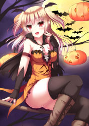 Rule 34 | 1girl, :d, bat (animal), black gloves, black thighhighs, blush, boots, breasts, broom, broom riding, capelet, cleavage, covered erect nipples, dress, fang, fingerless gloves, full moon, gloves, hair ornament, halloween, highres, jack-o&#039;-lantern, long hair, looking at viewer, moon, night, night sky, nyarumi (buluerose), open mouth, original, red eyes, sky, smile, solo, thighhighs, two side up