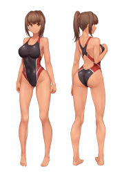 Rule 34 | 1girl, absurdres, barefoot, black one-piece swimsuit, breasts, brown eyes, commission, competition swimsuit, from behind, full body, highleg, highleg swimsuit, highres, looking at viewer, medium breasts, multiple views, one-piece swimsuit, original, pixiv commission, ponytail, rebutsu, red one-piece swimsuit, short hair, simple background, smile, standing, swimsuit, tan, two-tone swimsuit, white background