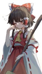 Rule 34 | 1girl, ascot, bare shoulders, blush, bow, broom, brown hair, bubble, collar, collared shirt, cowboy shot, detached sleeves, frilled bow, frilled collar, frilled hair tubes, frills, hair bow, hair tubes, hakurei reimu, hand up, highres, holding, holding broom, jill 07km, long sleeves, medium hair, messy hair, one eye closed, print bow, print collar, red bow, red eyes, red shirt, red skirt, ribbon-trimmed sleeves, ribbon trim, shirt, sidelocks, signature, simple background, skirt, solo, touhou, white background, wide sleeves, yellow ascot