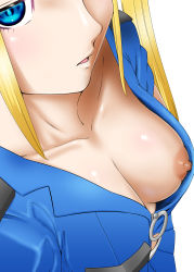 Rule 34 | 1girl, absurdres, blonde hair, blue eyes, blush, breast focus, breast slip, breasts, collarbone, dead or alive, highres, long hair, looking at viewer, marie rose, medium breasts, nipples, parted lips, solo, white background, yabu (pixiv)