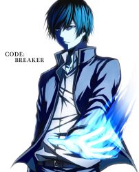 Rule 34 | 1boy, blue eyes, blue fire, blue hair, blue theme, code:breaker, copyright name, fire, jacket, male focus, matching hair/eyes, ogami rei, setsuna215, solo, upper body