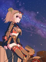 1girl black_shirt black_thighhighs blonde_hair breasts burnice_white crate crop_top cropped_jacket dithering dot_mebae elbow_gloves eyewear_on_head fingerless_gloves from_side gloves highres leaning_back long_sleeves looking_at_viewer medium_hair midriff milky_way motor_vehicle motorcycle night night_sky no_headwear outdoors red_eyes road_sign shirt shooting_star sign sky small_breasts smile solo star_(sky) starry_sky studded_sleeves thighhighs zenless_zone_zero zettai_ryouiki