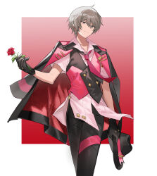 Rule 34 | 1boy, absurdres, black coat, black hat, black pants, black vest, border, coat, coat on shoulders, collared shirt, commentary request, contrapposto, cowboy shot, fedora, flower, gradient background, grey eyes, hat, hayama eishi, highres, holding, holding clothes, holding flower, holding hat, idolmaster, idolmaster side-m, looking at viewer, male focus, necktie, pants, pink coat, pink necktie, pink vest, red background, red flower, red rose, rose, sakaki natsuki, shirt, short hair, smile, solo, two-sided coat, two-sided fabric, two-tone vest, vest, white shirt