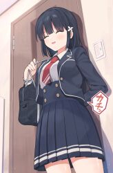 Rule 34 | 1girl, :d, ^ ^, absurdres, arm behind back, bag, black hair, black jacket, black skirt, blazer, blush, breasts, closed eyes, collared shirt, commentary request, door, flower, hair flower, hair ornament, hand up, high-waist skirt, highres, indoors, jacket, long hair, long sleeves, medium breasts, necktie, nirareba, open clothes, open jacket, open mouth, original, pleated skirt, puffy long sleeves, puffy sleeves, red necktie, school bag, school uniform, shirt, skirt, smile, solo, standing, very long hair, white flower, white shirt