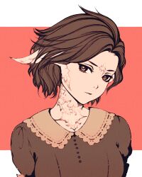 Rule 34 | 1girl, au ra, border, breasts, brown dress, brown eyes, brown hair, close-up, closed mouth, dragon horns, dress, expressionless, final fantasy, final fantasy xiv, frilled dress, frills, high contrast, horns, large breasts, letterboxed, looking at viewer, moshimoshibe, original, portrait, puffy sleeves, red background, scales, short hair, turning head, white border, white horns, white scales