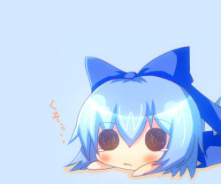 Rule 34 | 1girl, blue background, blue hair, blush, bow, chibi, cirno, hair bow, ice, ice wings, lying, noiz, on stomach, open mouth, pixiv thumbnail, ribbon, simple background, solo, tears, touhou, wings