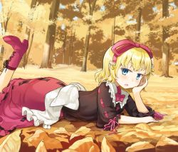 Rule 34 | 1girl, bell, blonde hair, blue eyes, blush, boots, head rest, cross-laced footwear, forest, hair ribbon, lace-up boots, leaf, looking at viewer, lying, medicine melancholy, mito tsubaki, nature, on stomach, open mouth, ribbon, solo, touhou