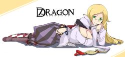 Rule 34 | 1girl, 7th dragon, 7th dragon (series), amami amayu, blonde hair, breasts, cape, cleavage, glasses, green eyes, large breasts, long hair, looking at viewer, lying, mage (7th dragon), simple background, solo, vanessa (7th dragon)