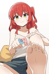Rule 34 | 1girl, amogan, bare shoulders, barefoot, bocchi the rock!, camisole, foot focus, gotoh hitori, green eyes, hair between eyes, highres, kita ikuyo, long hair, off shoulder, ointment, one side up, red hair, shorts, simple background, soles, solo, strap slip, sweat, toes, white camisole