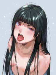 Rule 34 | 1girl, black hair, blush, breasts, grey background, hair censor, hair over breasts, highres, kamiyama aya, long hair, nude, open mouth, original, piercing, red eyes, small breasts, solo, tongue, tongue out, tongue piercing, uneven eyes, upper body