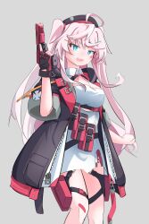Rule 34 | 1girl, :d, ahoge, az-lite, beret, black gloves, black hat, black jacket, blue eyes, blush, breasts, cleavage, commentary request, cross, dress, facial mark, fang, feet out of frame, fingerless gloves, girls&#039; frontline, gloves, grey background, gun, h&amp;k p30, hair ornament, hairclip, handgun, hat, heart, highres, holding, holding gun, holding weapon, iron cross, jacket, long hair, looking at viewer, medium breasts, name connection, neck ribbon, object namesake, open clothes, open jacket, open mouth, p30 (girls&#039; frontline), pink hair, red ribbon, ribbon, short sleeves, simple background, single glove, smile, solo, standing, two side up, very long hair, weapon, white dress