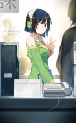 Rule 34 | 1girl, anniversary, black hair, blazer, bloom, blunt ends, book, breasts, calendar (object), closed mouth, collared shirt, commentary, detached sleeves, from side, green eyes, green jacket, hand up, headphones, highres, hitogome, holding, holding book, indoors, jacket, kyoumachi seika, large breasts, looking at viewer, looking to the side, necktie, office, people, phone, red necktie, shirt, short hair, smile, solo focus, timestamp, voiceroid, waving, white shirt